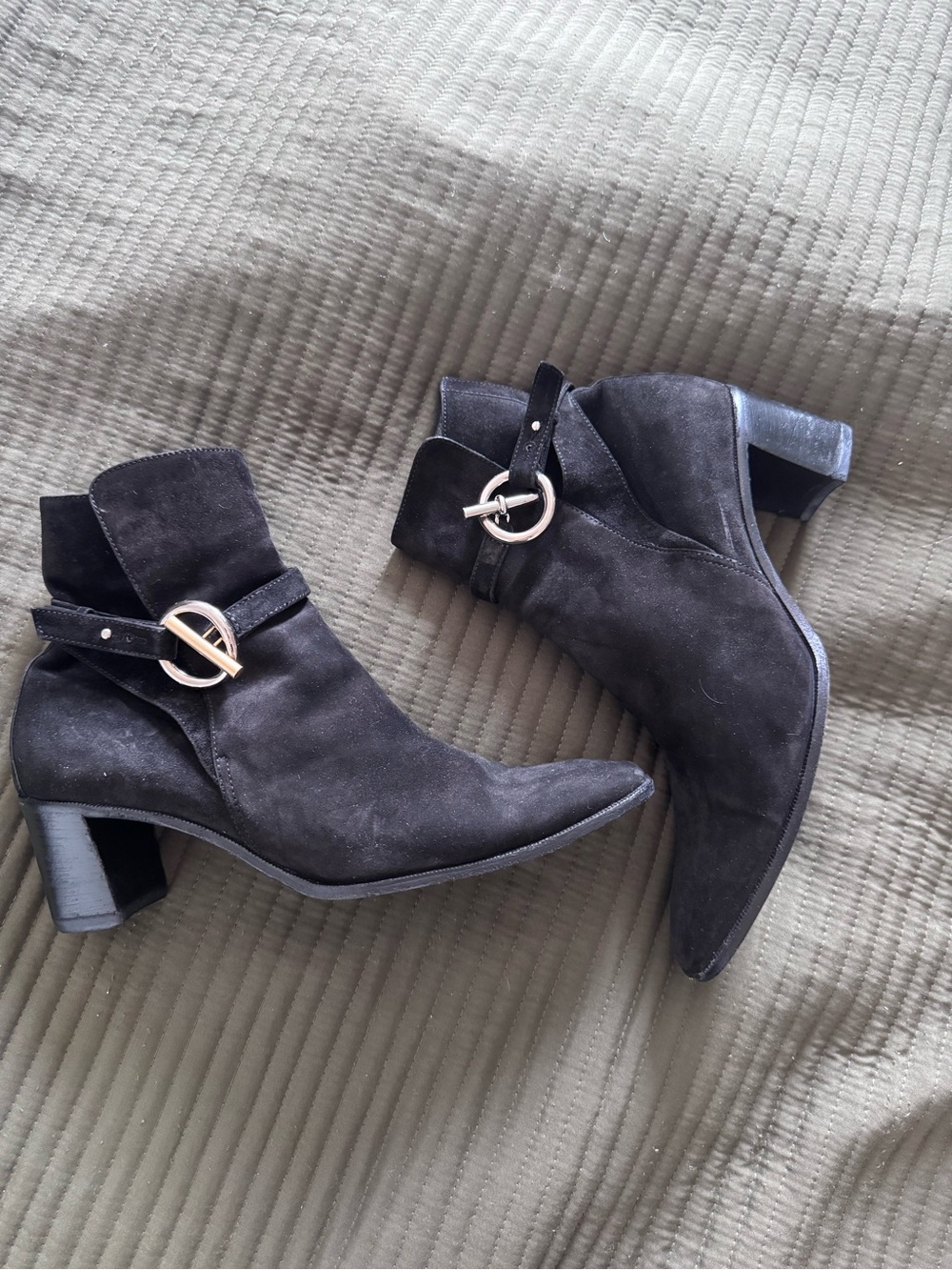 Hermes Jill Black Suede Heeled Ankle Boots with Buckle